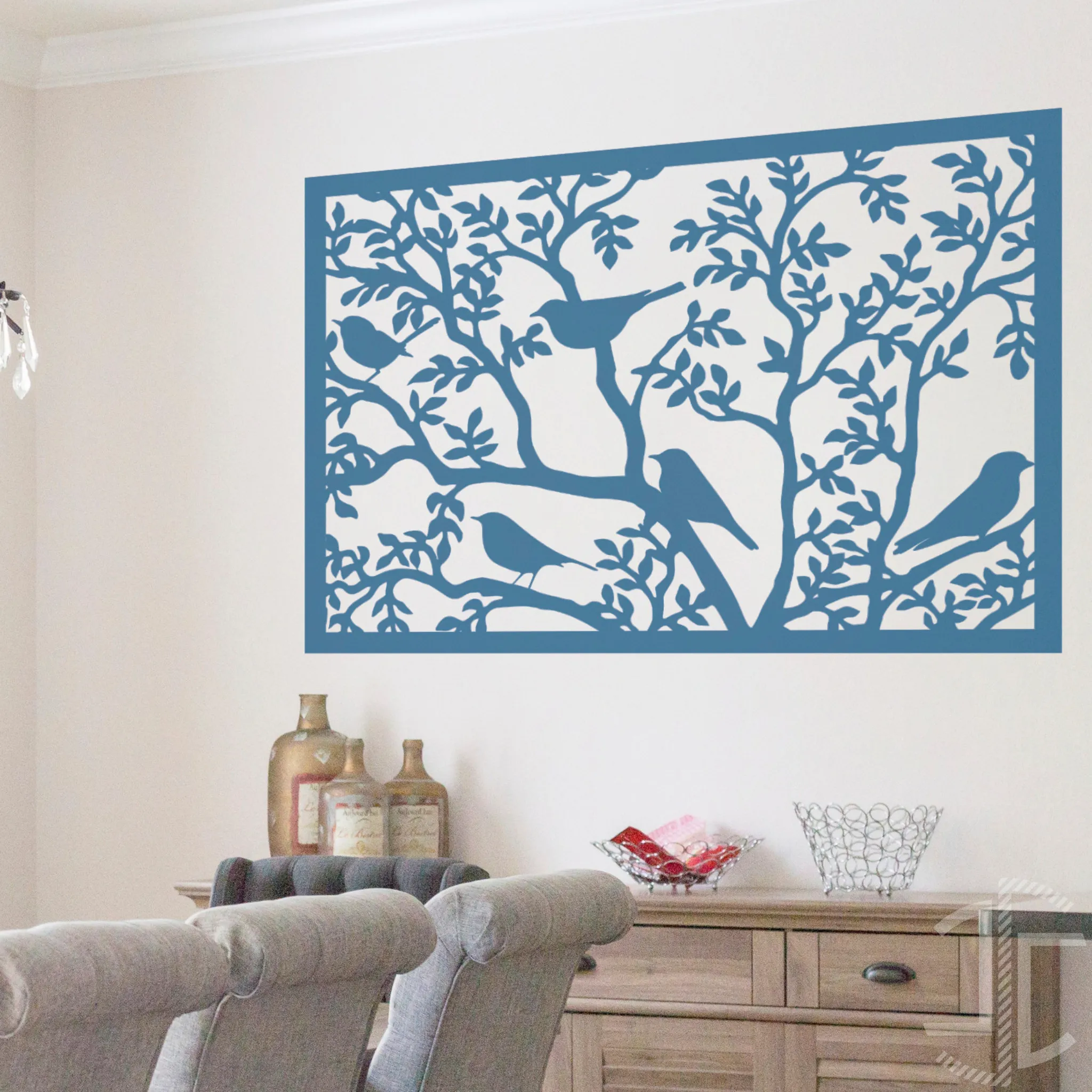 Painel decorativo - Silhueta de pássaro em ramo de árvore - V5 - Autocolante em Vinil