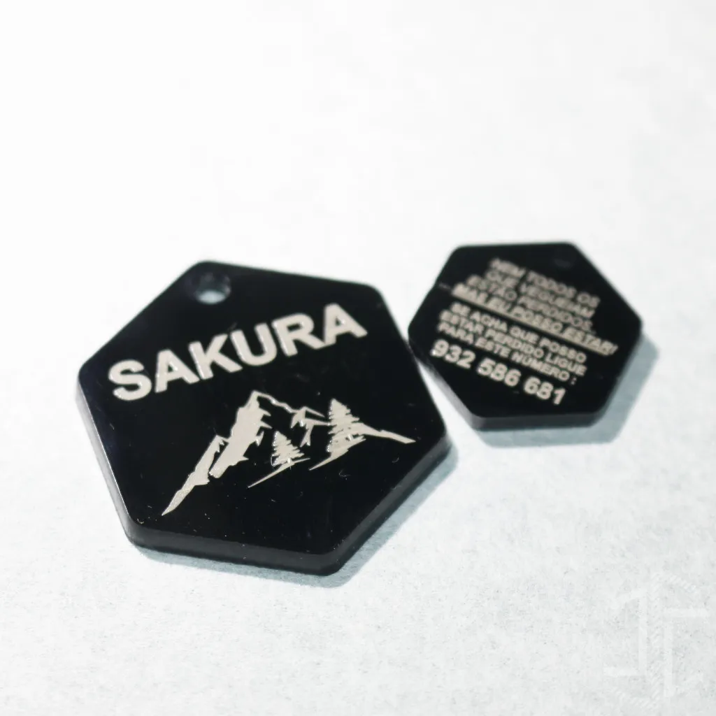 Medalha de identificação animal hexagonal - Acrílico Preto - 3mm - Imagem 2