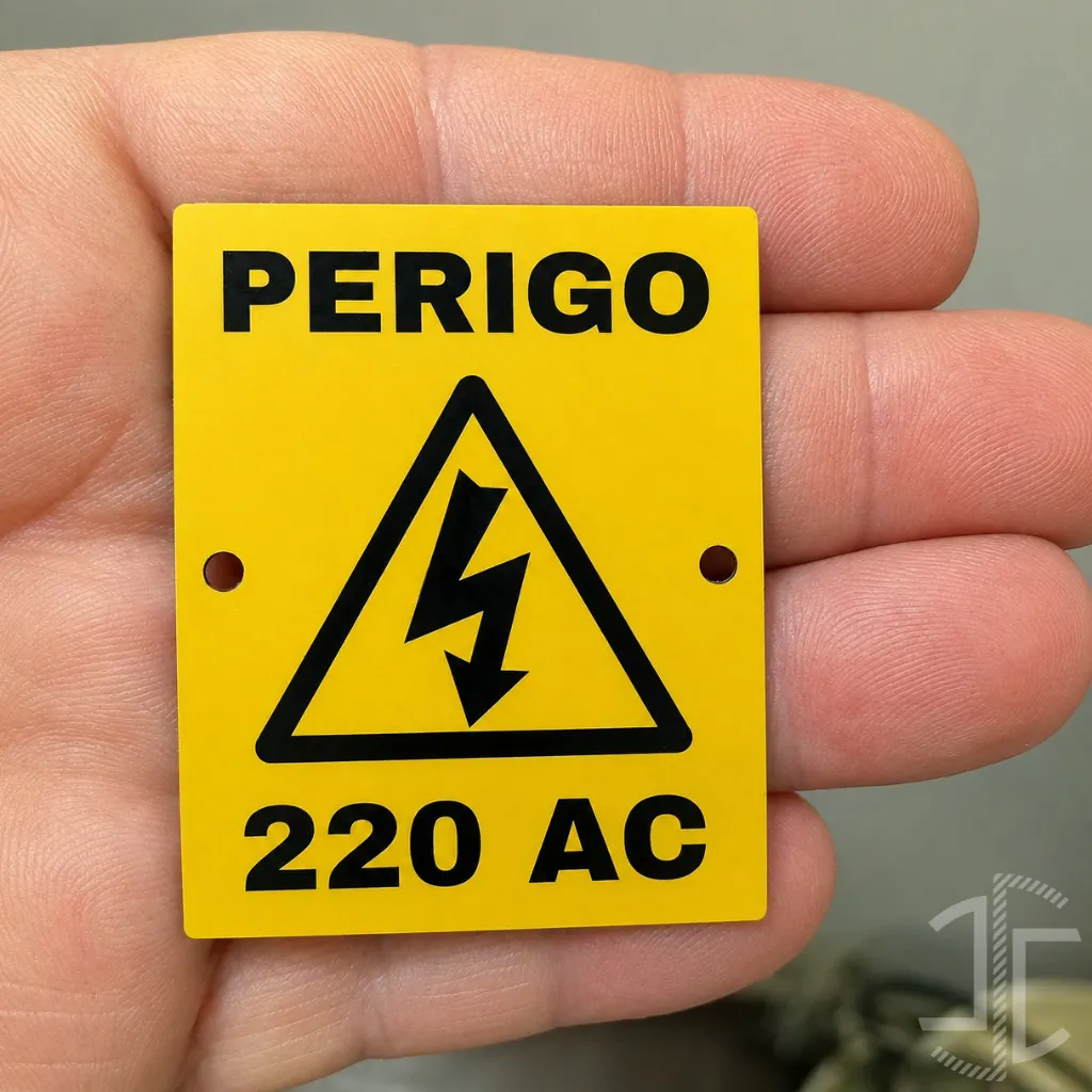 Placa de aviso de tensão elétrica em metal com perfuração opcional - 50mm X 40mm